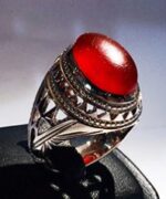 انگشتر عقیق سرخ یمنی تراشدار قطعی پایه فدیوم مدل تمام شبکه دور مثلث با مهر تهران رسول کد  A-127