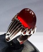 انگشتر عقیق سرخ یمنی کهنه پایه فدیوم مدل اشکی با مهر تهران رسول کد  A-145