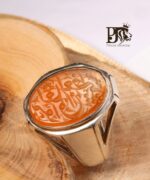 انگشتر عقیق پرتقالی با ذكر هو العلي العظيم پایه فدیوم دست ساز 8هشت ضلعی کد EGR-97