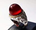 انگشتر عقیق سرخ یمنی کهنه پایه مدل رولکسی با گوارسه های طلا حصیری کد A-631 - تصویر 4