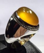 انگشتر عقیق زرد یمنی کهنه پایه نقره مدل فیلی با مهر تهران محک  کد A-593