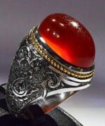 انگشتر عقیق پرتقالی یمنی تراشدار قواره دار پایه فدیوم مدل فیلی و گوارسه های طلا  کد A-644
